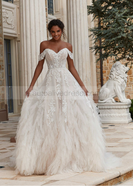 Beaded Ivory Lace Tulle Open Back Ruffled Wedding Dress